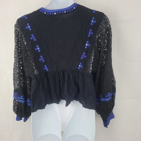 FREE PEOPLE Womens LARGE Shirt Blouse Boogie All Night Lace Black Blue - Picture 4 of 12